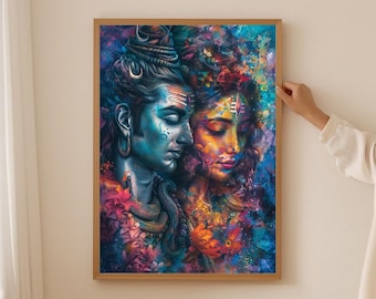 Peut inclure: Une peinture colorée d'un couple de divinités hindoues, Shiva et Parvati, sur un fond bleu et violet. La peinture est encadrée dans un cadre en bois.