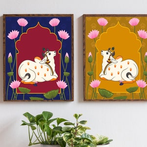 Indian Pichwai ,set of 2,High resolution Print, Pichhwai cow print with lotus, kamal talai, Ethnic art
