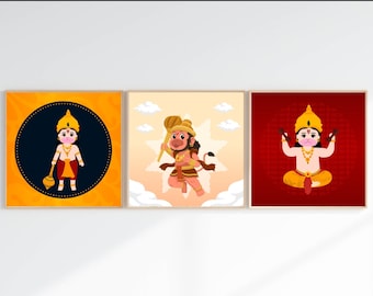 Niedliches digitales Gemälde von Lord Hanuman, indische Wohndekoration, indisches Poster, Desi-Druck, indischer Druck