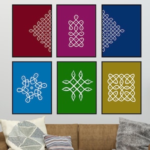 以下が含まれることがあります： 異なる色の背景に白い幾何学模様が描かれた額装されたプリントが6枚。模様はランゴリに似ています。色は赤、紫、青、緑、黄です。
