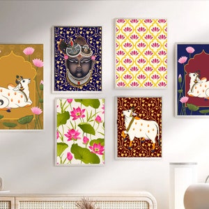 Art folklorique indien, lot de 6 imprimables, vache pichwai, peinture pichwai, lotus pichwai, décoration d&#39;art mural Inde, impression vibrante, décoration murale extérieure