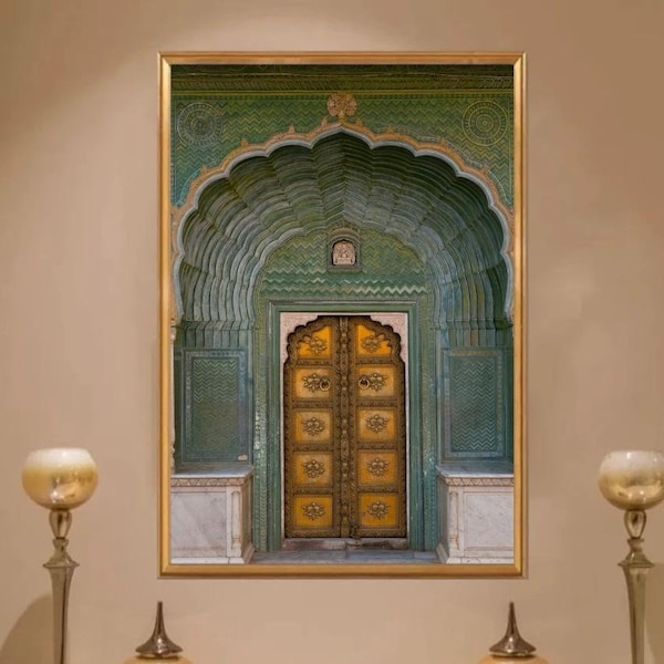 Entrance Design,Arabic Picture Print, Islamic Architecture Poster, Green Indian Door Udaipur Door Photo Jaipur Door