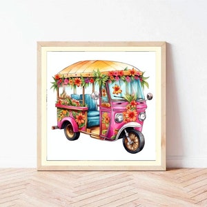 May include: Watercolor illustration of a pink tuk-tuk decorated with tropical flowers. The vehicle has a yellow roof and blue seats. The artwork is framed in a light wood frame and set against a white background.