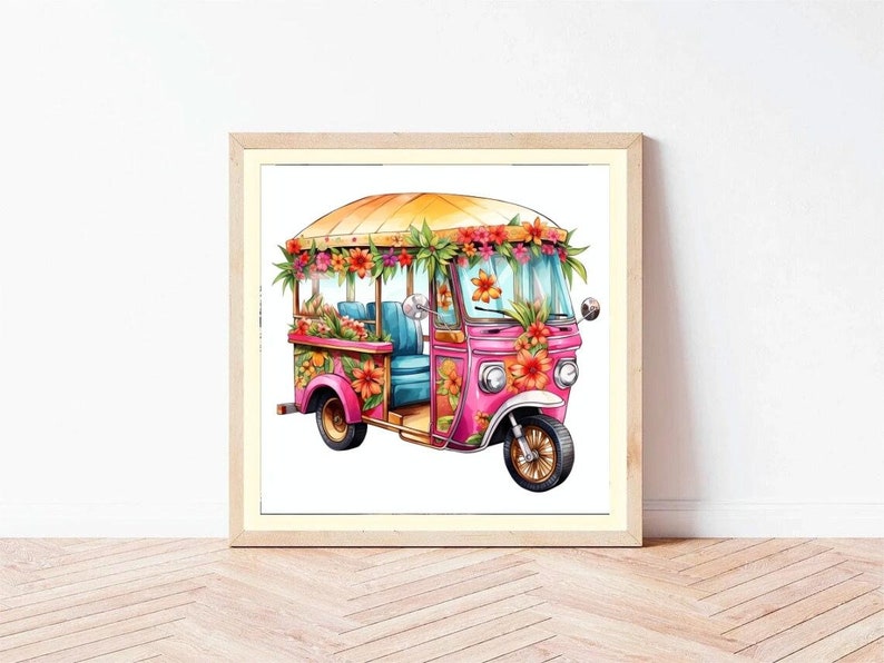 May include: Watercolor illustration of a pink tuk-tuk decorated with tropical flowers. The vehicle has a yellow roof and blue seats. The artwork is framed in a light wood frame and set against a white background.