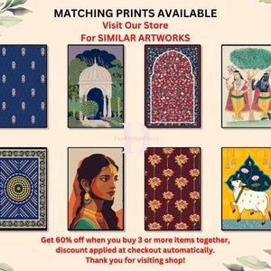 May include: A collection of eight digital prints featuring Indian-inspired designs. The prints include a peacock, a woman's face, a cow, and various floral patterns. The prints are available in a variety of colors, including blue, red, yellow, and green. The text "Matching Prints Available" and "Visit Our Store For Similar Artworks" is displayed at the top of the image. The text "Get 60% off when you buy 3 or more items together, discount applied at checkout automatically. Thank you for visiting shop!" is displayed at the bottom of the image.