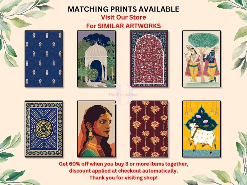 May include: A collection of eight digital prints featuring Indian-inspired designs. The prints include a peacock, a woman's face, a cow, and various floral patterns. The prints are available in a variety of colors, including blue, red, yellow, and green. The text "Matching Prints Available" and "Visit Our Store For Similar Artworks" is displayed at the top of the image. The text "Get 60% off when you buy 3 or more items together, discount applied at checkout automatically. Thank you for visiting shop!" is displayed at the bottom of the image.