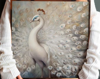 Prachtige witte pauw schilderij canvasprint, abstract pauw schilderij, moderne pauw poster, ingelijst