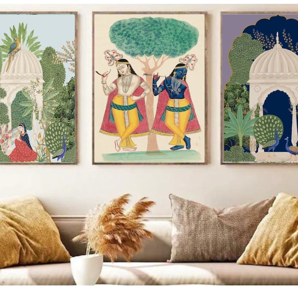 Indian folk Art, Set of 3 Printable, Wall Art decor, Indian Folk art, India wall art decor, Vibrant Print, Mughal art Print,Abstract Gallery