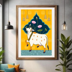 Indian Pichwai , Indian art Pichhwai cow print with lotus, kamal talai, Ethnic art