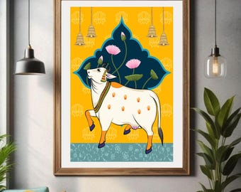 Indian Pichwai , Indian art Pichhwai cow print with lotus, kamal talai, Ethnic art