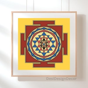 May include: A yellow background with a red square containing a blue and red Sri Yantra mandala. The mandala is surrounded by a red and white border.