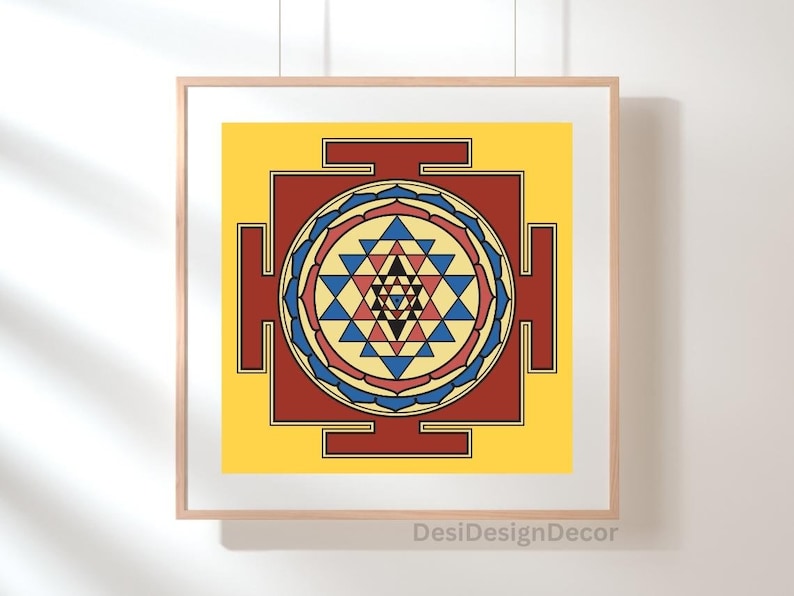 May include: A yellow background with a red square containing a blue and red Sri Yantra mandala. The mandala is surrounded by a red and white border.