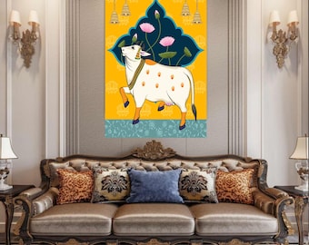 Pichwai Cow Painting Digital Download, Sacred Gau Mata Printable Wall Art, Indian Traditional Nathdwara Style Lotus Print, Instant Download