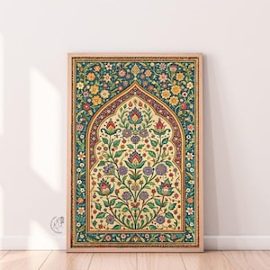 May include: A framed print of a traditional Islamic design featuring a floral pattern in shades of green, blue, yellow, red, and white. The design is centered around an archway with a tree-like motif.