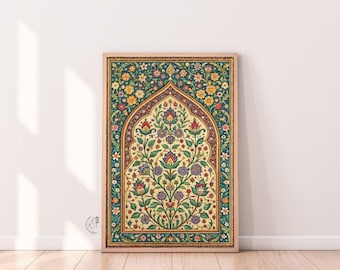 Mughal Blumenmotive, Vintage Indische Kunst, Blumengemälde, Wohnkultur, Indisches Poster, Boho Wandkunst
