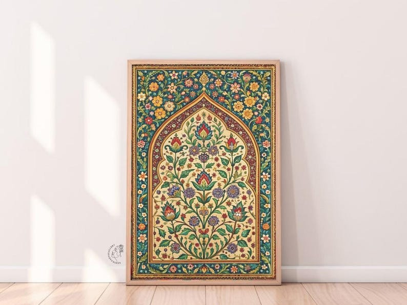 May include: A framed print of a traditional Islamic design featuring a floral pattern in shades of green, blue, yellow, red, and white. The design is centered around an archway with a tree-like motif.