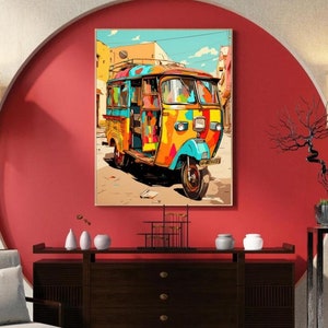 May include: A colorful, three-wheeled auto rickshaw, also known as a tuk-tuk, is painted in shades of yellow, orange, blue, green, and red. The rickshaw is parked on a street in a city setting.
