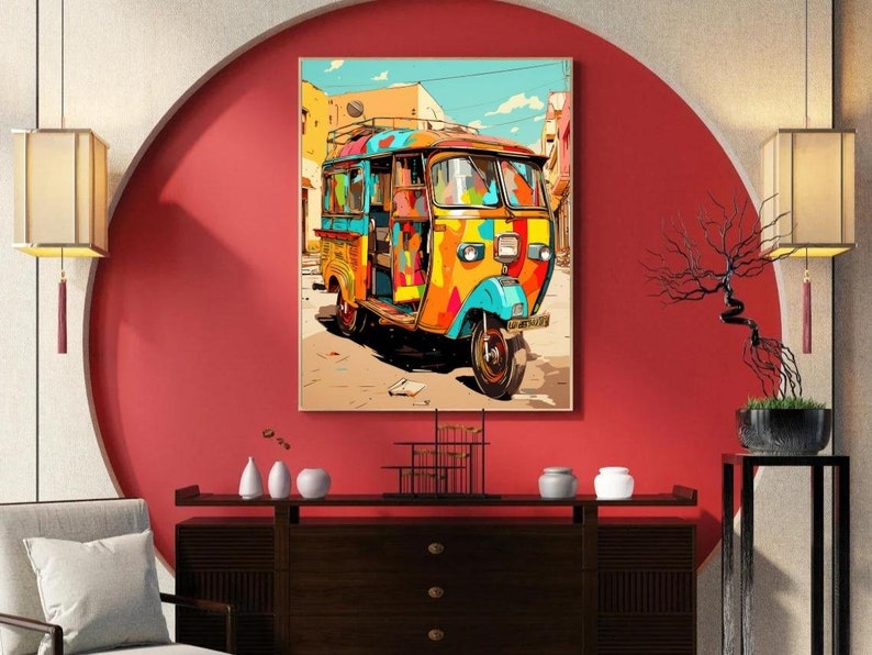 May include: A colorful, three-wheeled auto rickshaw, also known as a tuk-tuk, is painted in shades of yellow, orange, blue, green, and red. The rickshaw is parked on a street in a city setting.