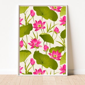Lotus-Blumen-Druck, Pichwai Malerei Lotusblumenplakat, indische Kunst, indische Wandkunst, Blumen-Wand-Dekor, blühender Lotus