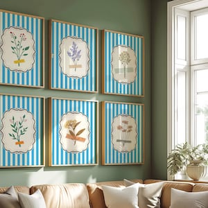 6 lichtblauw gestreepte bloemsierkunstafdrukken, grijsblauwe antieke botanische prints, door Nancy Meyers geïnspireerde kunstafdrukken digitale download