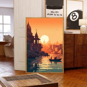 india ghats of Banaras, vibrant desi colorful Indian digital wall art printable boho wall decor Varanasi ghat printable