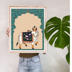 Indian Pichwai , Indian art ,Pichhwai cow print with lotus, Ethnic art,indian home decor, Indian Lotus Poster,desi print,indian Print