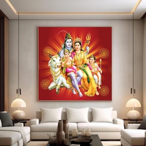May include: A colorful painting depicting the Hindu deities Shiva, Parvati, Ganesha, and Kartikeya. Shiva and Parvati are seated on a white bull, while Ganesha sits on Shiva's lap and Kartikeya stands beside Parvati. The painting is set against a red background with golden rays emanating from the center.