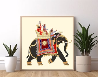 Indian Kalamkari Art, Indian Wall Art, Blue and White Indian Art, Indian Folk Art, Indian Elephant , Indian Painting, Kalamkari Painting
