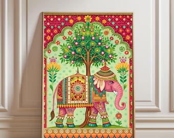 ndian Elephant Pattern Print, Red Textile Wall Art, Boho Tribal Decor, Oriental Animal Poster, Cultural Interior Design