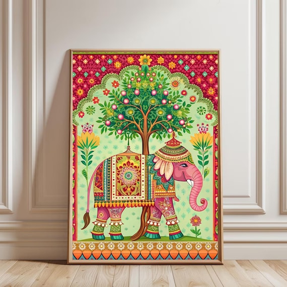 Ndian Elephant Pattern Print, Red Textile Wall Art, Boho Tribal