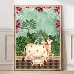Indian Pichwai , Indian art Pichhwai cow print with lotus, Ethnic art,indian home decor, Indian Lotus Poster,desi print,indian Print