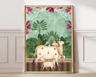 Indian Pichwai , Indian art Pichhwai cow print with lotus, Ethnic art,indian home decor, Indian Lotus Poster,desi print,indian Print