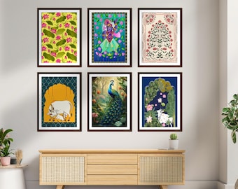Juego de 6 piezas de Pichwai indio, arte indio Pichhwai con estampado de vaca y loto, arte étnico, decoración del hogar india, estampado desi, estampado indio, decoración del hogar india