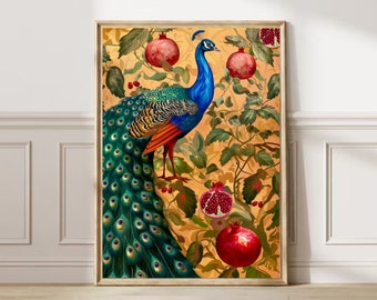 Impressão artística de pavão, decoração floral indiana (download digital)
