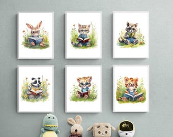 Animal Reading Book Print Set of 6, Classroom Reading Posters, Kids Study Room Wall Art, Cute School Printable, Digital Download