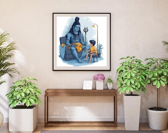 Può includere: Una stampa artistica incorniciata raffigura una divinità blu seduta su un divano blu, che interagisce con un bambino. La divinità tiene un tridente. L'opera d'arte è ambientata su uno sfondo azzurro. La stampa è esposta sopra una consolle di legno.