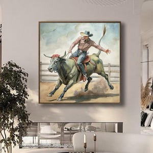 Texas Cow Longhorn Wall Art Print, Rustic Bull Canvas Wall Art for Home and Office, Framed Country Longhorn Art Printing, Abstract Cow