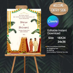 May include: A wedding invitation on an easel. The invitation features the names Dhruv & Shivani, event details, and traditional Indian temple illustrations. The sign also includes the text "Editable Instant Download" and size options.