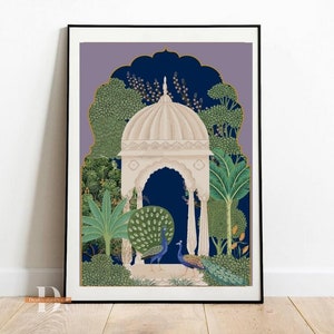 May include: A framed illustration of a white domed structure with a blue archway, surrounded by lush green foliage and two peacocks. The background is a gradient of purple and blue.