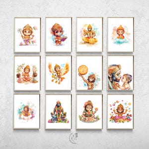 Conjunto de 12, Lindo bebé Lord Hanuman, Pintura de Hanuman, Póster de Lord Hanuman, Arte hindú, Arte imprimible, Meditación, Arte espiritual, Dios hindú