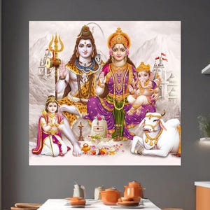 May include: A colorful illustration of a Hindu god family. Shiva, Parvati, Ganesha, and a white cow are depicted in a traditional style. The image is set against a white background with a mountain range in the distance.
