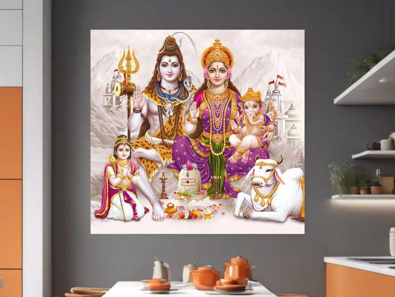 May include: A colorful illustration of a Hindu god family. Shiva, Parvati, Ganesha, and a white cow are depicted in a traditional style. The image is set against a white background with a mountain range in the distance.