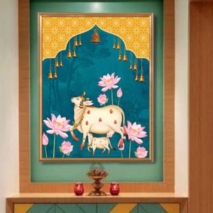 Indian Pichwai , Indian art Pichhwai cow print with lotus, Ethnic art,indian home decor, Indian Lotus Poster,desi print,indian Print