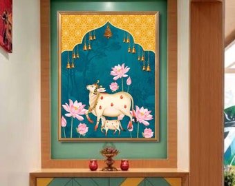 Indian Pichwai , Indian art Pichhwai cow print with lotus, Ethnic art,indian home decor, Indian Lotus Poster,desi print,indian Print