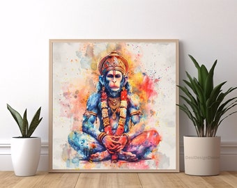 Hanuman-Wandbild, Hindu-Gott-Motiv zum Ausdrucken, Dekoration für spirituelle Meditation, Yoga-Raum-Poster, Digitaler Download