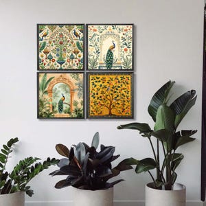 Peacock print ,pichwai art, set of 4, Tropical Wall Art, Vintage Prints, Digital Download, Indian Art, Animal Print, Living Room Decor,