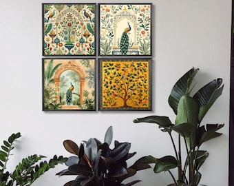 Pfau Druck, Pichwai Kunst, 4er Set, Tropische Wandkunst, Vintage Drucke, Digital Download, Indische Kunst, Tierdruck, Wohnzimmer Dekor,