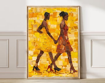 African Women Walking Art, Vibrant Yellow Textured Painting (Digital Download)