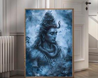 May include: A blue and white watercolor painting of Shiva, a Hindu deity, with a third eye and a snake around his head. He is meditating with his eyes closed.