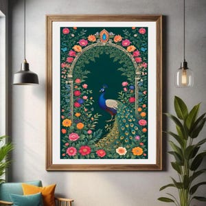 インドの民芸品、ムガル帝国の花のモチーフ、ヴィンテージのインド美術、花の宮殿の絵画、室内装飾、インドのポスター、ボヘミアン風の壁画